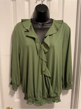 Seven Forty Two Ruffle Front Olive Green Women's Blouse